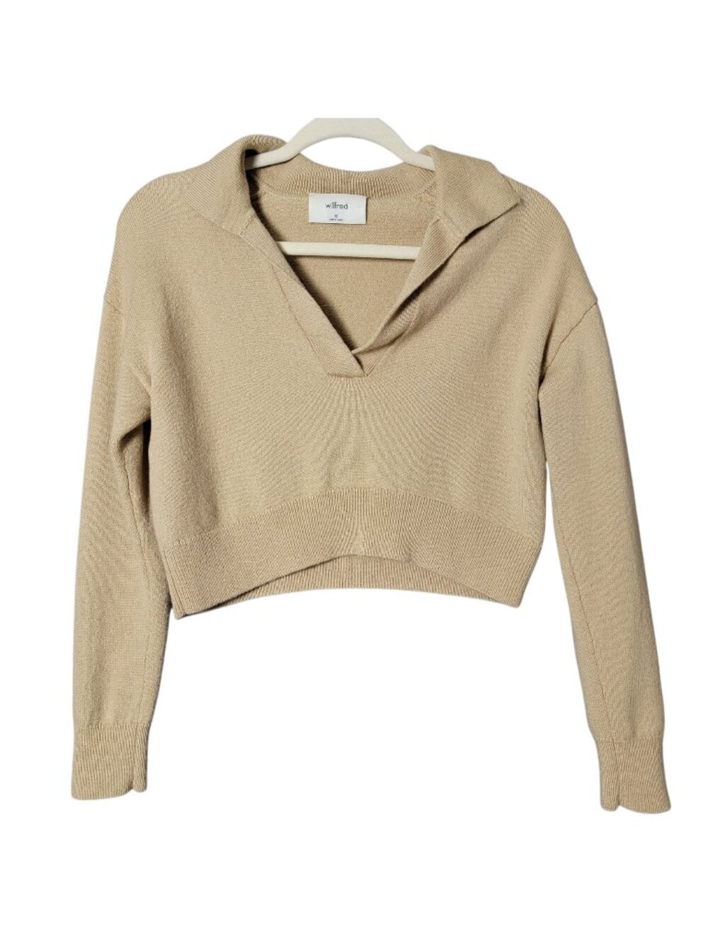 Aritzia Wilfred Womens Beige Clara Merino Wool Pullover V-Neck Polo Sweater XS